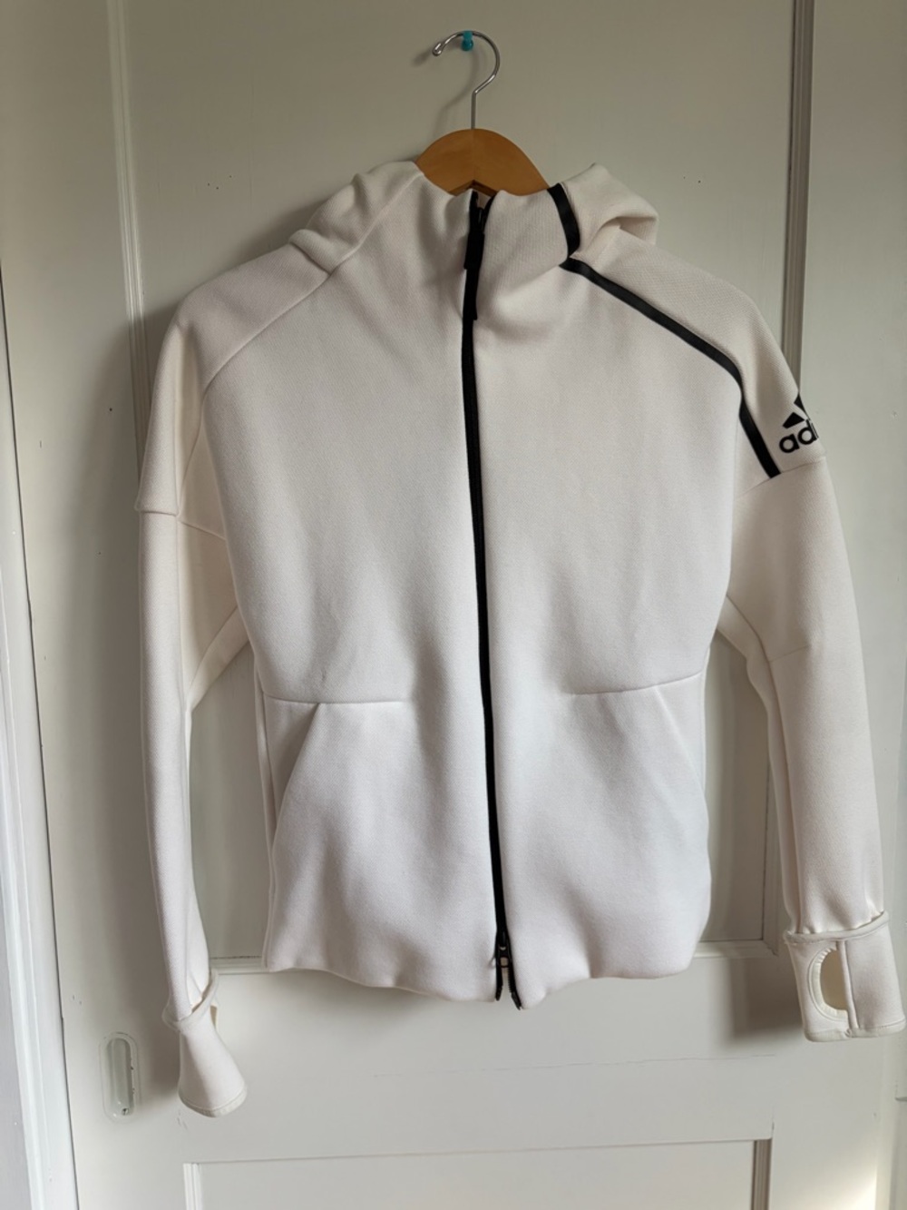 adidas ZNE White Full-Zip Hooded Track Jacket with Black Trim